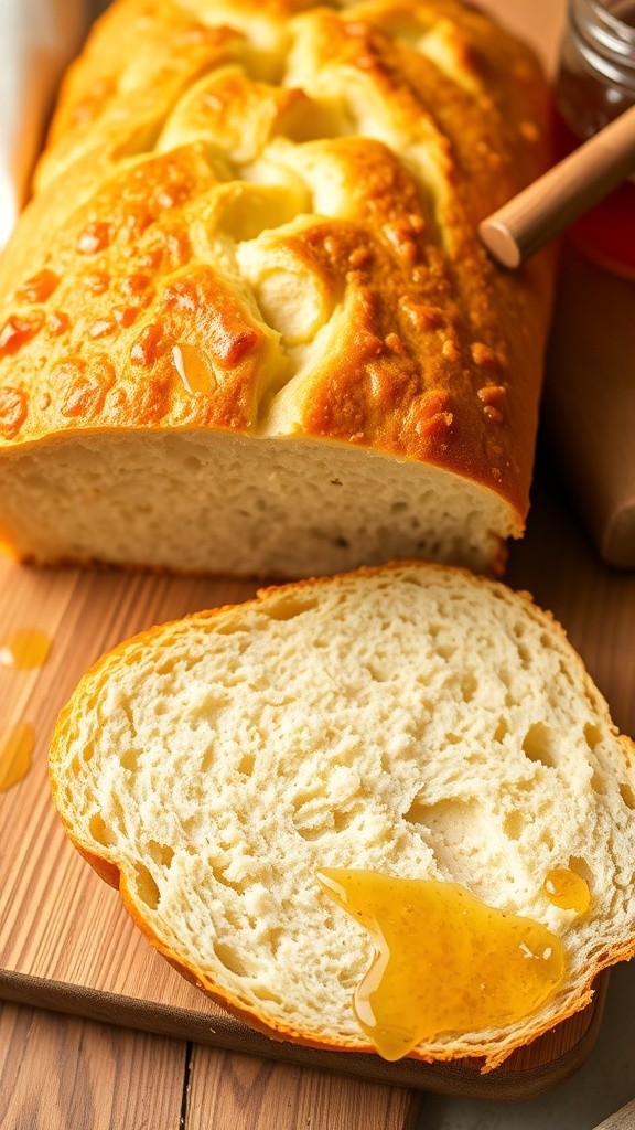 Homemade Honey Sandwich Bread Recipe A loaf of honey sandwich bread sliced to show its fluffy texture, with honey on the side, on a wooden cutting board.